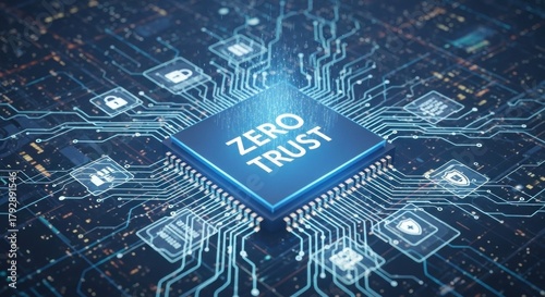 A computer chip with the words 'ZERO TRUST' on it, set against a blue and black circuit board background.