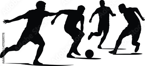 Silhouette vector illustration of soccer players in action, running and dribbling the ball, dynamic football design for sports, competition, and teamwork concepts