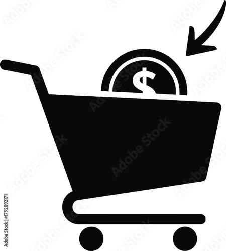 Silhouette of a shopping cart with a dollar coin being added, indicating online purchase.