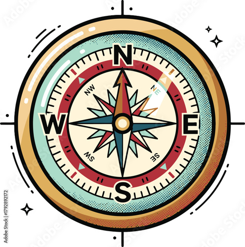 Retro Map Compass Icon, Vintage Navigational Instrument with North, South, East, and West Cardinal Points