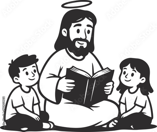 Jesus Christ reading the bible book to kids sitting around 