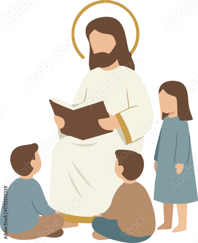 Jesus Christ reading the bible book to kids sitting around 