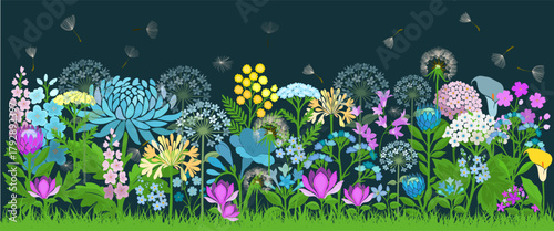 Different flowers horizontal grass on a dark background. Hand drawn. Not AI, vector illustration