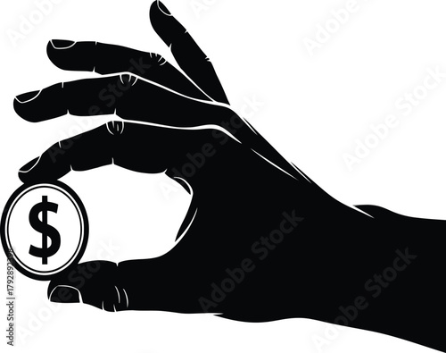 Closeup silhouette of a hand holding a single coin with a dollar sign.