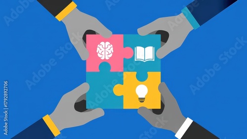 Diverse hands connect puzzle pieces symbolizing collaboration, innovation, and knowledge sharing.