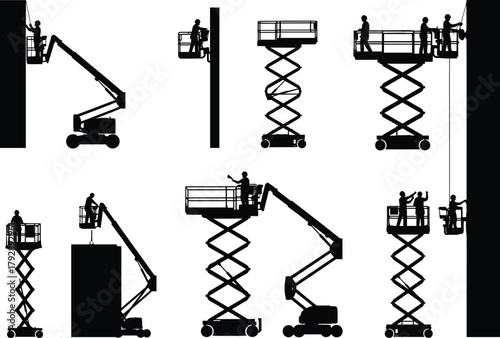 Silhouettes of aerial work platforms, boom lifts, scissor lifts, construction workers at height, industrial maintenance, vector illustration for safety and equipment design