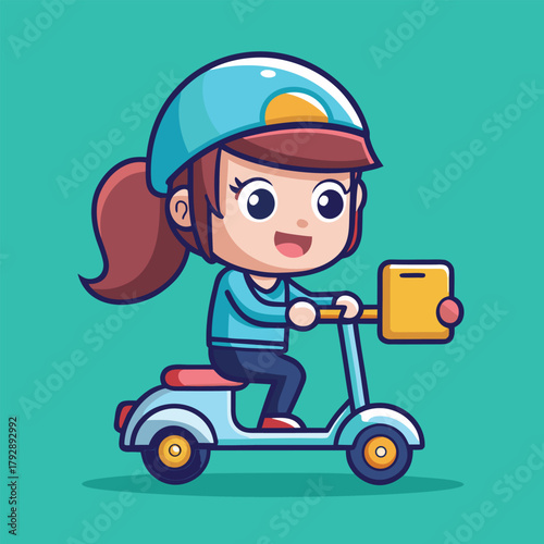 Cheerful cartoon girl on scooter with helmet for delivery service