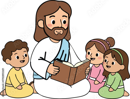 Jesus Christ reading the bible book to kids sitting around 
