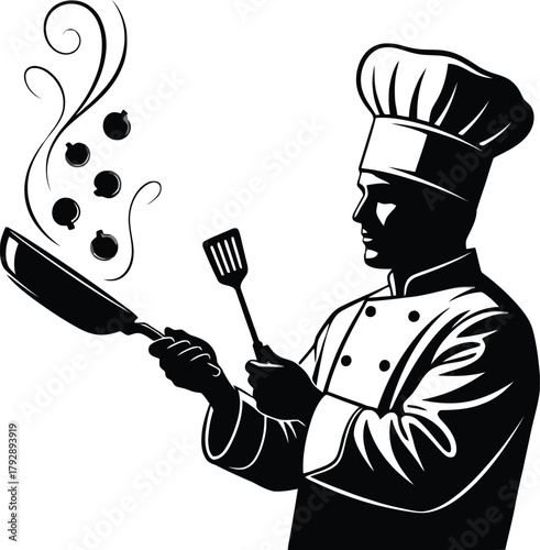 Silhouette of a chef in uniform cooking with a pan and spatula.