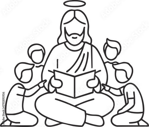 Jesus Christ reading the bible book to kids sitting around 