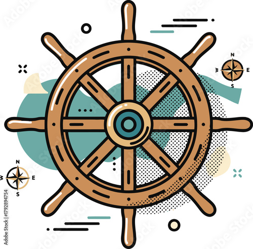 Old Ship Wheel Icon, Wooden Helm with Compass Rose and Nautical Elements, Navigation and Maritime Adventure Vector Graphic