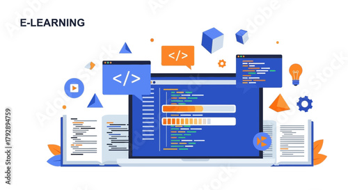 E learning concept with laptop displaying code and progress bars open books and educational icons