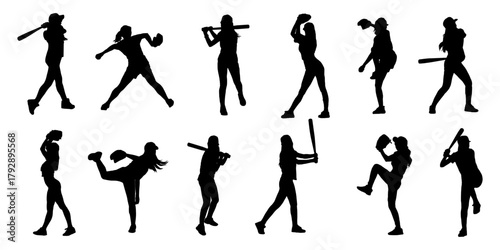 Set of silhouettes of girl playing baseball of illustration vector