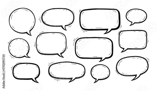 Collection of hand drawn black and white speech bubbles and thought bubbles talk communication