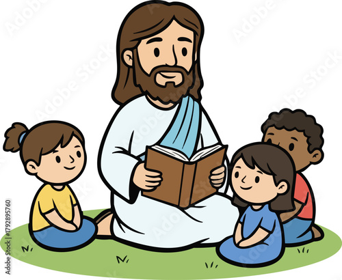 Jesus Christ reading the bible book to kids sitting around 