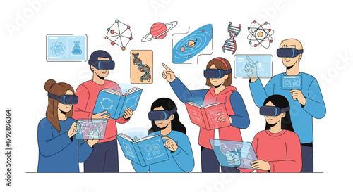 Diverse group of students and teachers exploring science and education through virtual reality headsets and interactive holograms
