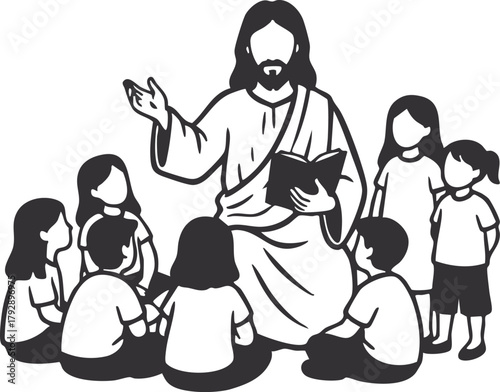 Jesus Christ reading the bible book to kids sitting around 