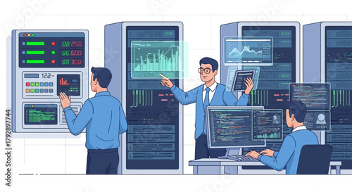It professionals in a server room analyzing data on holographic screens and computer monitors