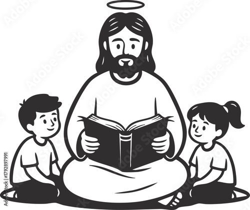 Jesus Christ reading the bible book to kids sitting around 