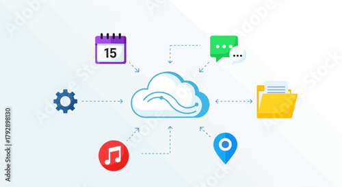 Cloud computing concept with icons representing data storage communication scheduling location services and settings integration