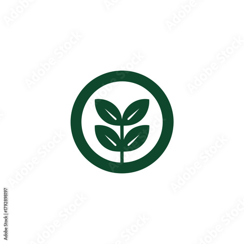 A dark green circular logo features a stylized four-leaf plant in the center.