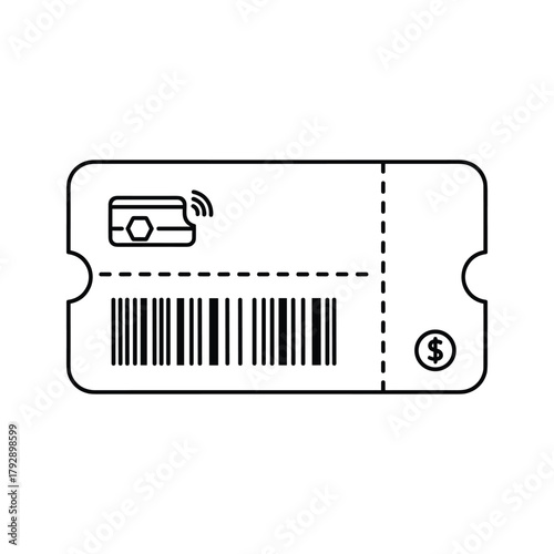 Outline icon of a ticket with a barcode, contactless payment symbol, and dollar sign