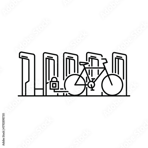 Bicycle parked at a bike rack with a lock, vector illustration