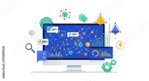 Digital data analysis and network visualization on a computer screen with geometric shapes and charts representing insights