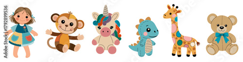 Cartoon vector illustration of five cute animals—a monkey, unicorn, dinosaur, and giraffe—arranged horizontally in a soft, child-friendly style on transparent background. Toys and dolls theme