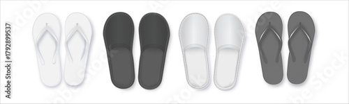 Realistic 3d White and Black Blank Empty Flip Flop Closeup Isolated on White Background. Design Template of Summer Beach Flip Flops Pair Mockup. Vector