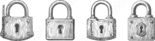 Set illustration of old padlock isolated on transparent background. Vector graphics