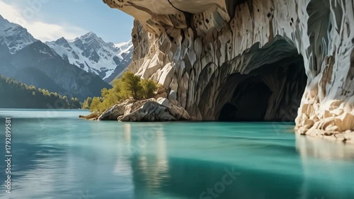 Scenic lake landscape with rocky cliffs mountain range and sunlight