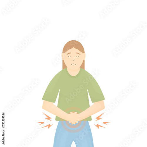 A woman with stomach pain on a white background. The woman is clutching her stomach. Symptoms of poisoning, menstruation, etc.