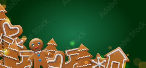 3D Christmas illustration with gingerbread cookies. Trees, hearts, snowflakes, houses, stockings, gingerbread man. Festive banners, greeting cards, holiday promotions with a warm, cozy seasonal mood.