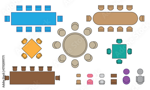 top view of vector illustration of colorful seat plan for office, hotel, home and dining room
