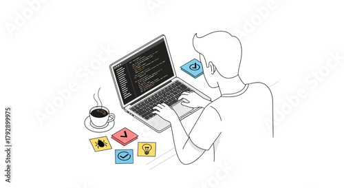 Programmer working on laptop with coffee and sticky notes representing bugs tasks and ideas