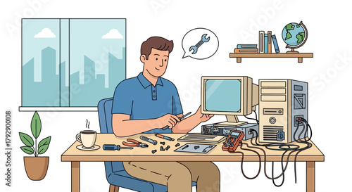 A man is repairing a vintage computer with tools and a multimeter on a desk with a plant and a cup of coffee