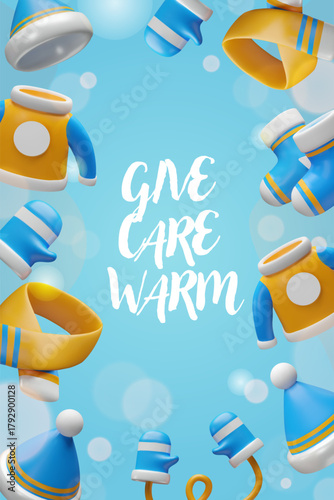 3D render of winter clothing creating a circular frame. Vertical illustration with hats, sweaters, and mittens on a blue background with text.