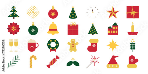 Set of flat-style icons Christmas tree, gift,  winter decoration ornament  for festive design projects. Xmas abstract icons in minimalist geometric style
