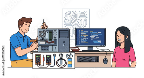 Male computer technician working on a desktop computer tower with tools and a female programmer observing the screen with code