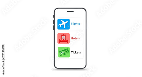 Smartphone displaying travel app icons for flights hotels and tickets with clear labels and distinct colors on a white background