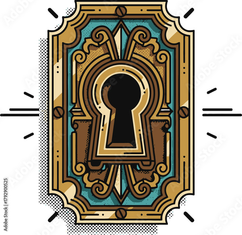 Vintage Keyhole Security Mystery Icon: Ornate Antique Lock Plate in a Retro Style for Secret, Access, Home Decor, Privacy, Clue, and Opportunity Concepts.