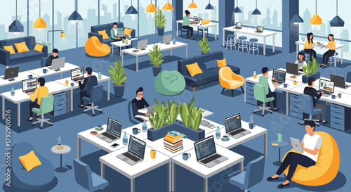 Modern open plan office space with diverse employees working on laptops and computers in a collaborative and comfortable environment