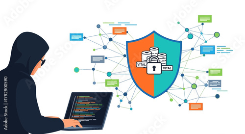 Hacker in dark hoodie using laptop to breach digital network security and protect vital data with shield icon