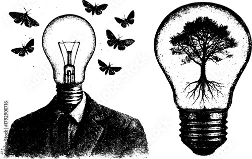 Retro xerography halftone engraving set — surreal lightbulb head with moths and tree-in-bulb symbol. Black and white conceptual art, isolated