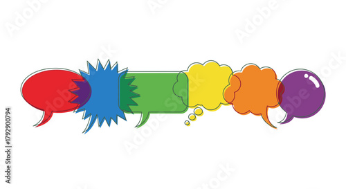 Vibrant speech and thought bubbles in a rainbow of colors, perfect for dialogue, ideas, and communication concepts.