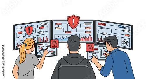 Team of cybersecurity professionals monitoring multiple screens displaying security alerts network diagrams and data charts