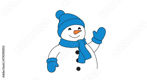 Cheerful snowman waves hello with a friendly smile, wearing a blue hat and scarf, perfect for holiday marketing and winter themes