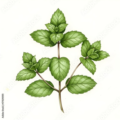 Watercolor  Fresh Green Mint Sprig - Botanical Illustration of Aromatic Herb Leaves on White