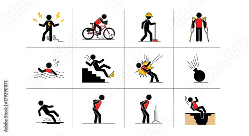 Diverse collection of pictograms illustrating common accidents, injuries, and safety warnings for awareness and prevention campaigns